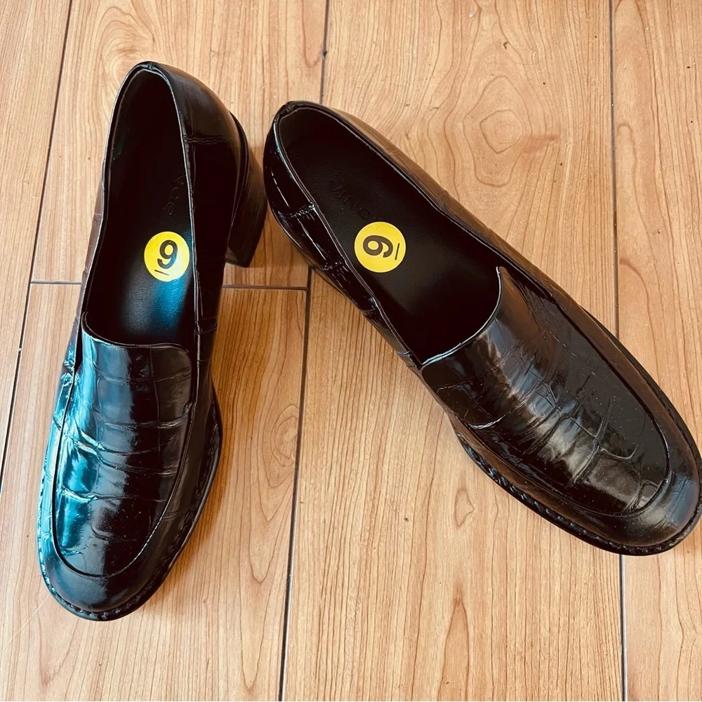 Vince Black Loafers Block Heel Croc Embossed
